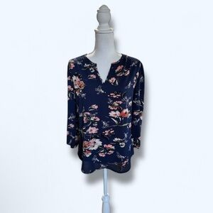 New Stitch Fix Navy Blue Floral Top Split Neck 3/4 Sleeve Blouse Women’s Small